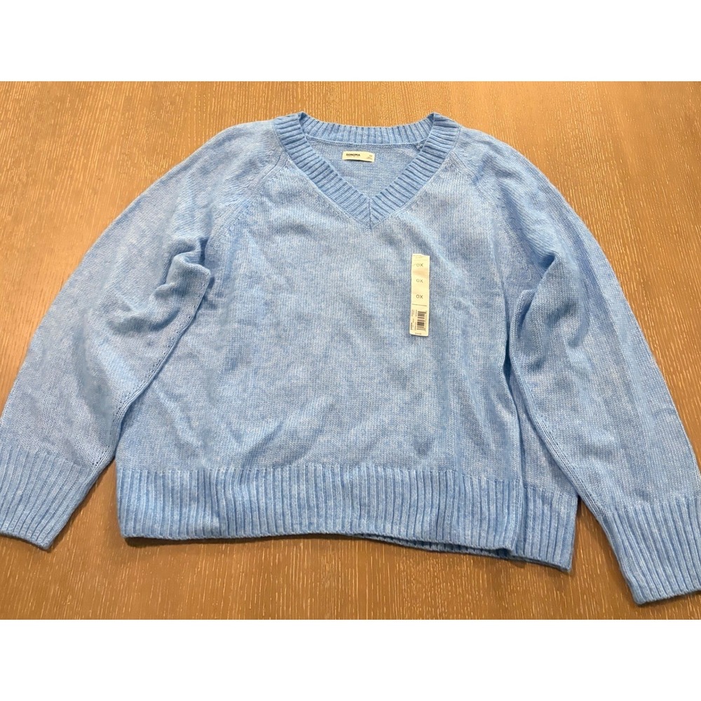 SONOMA Goods For Life V Neck RIbbed Knit Long Sleeve Blue Sweatshirt‎ Womens 0X